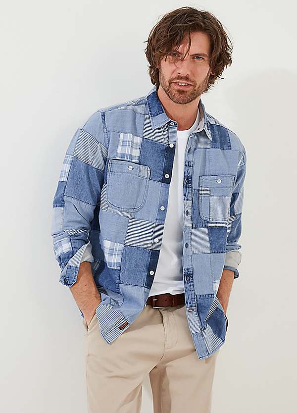 Joe Browns Casual Washed Denim Look Patchwork Long Sleeve Shirt