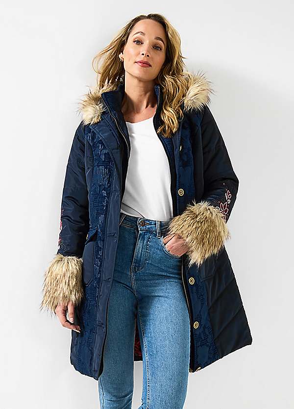 Joe Browns Navy Parka with Jacquard Panels Faux Fur