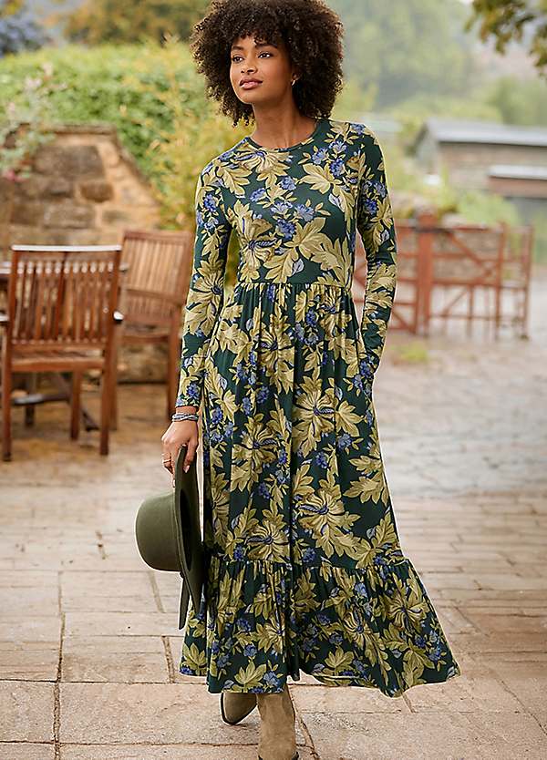 Joe Browns Petite Large Leaf Print Long Sleeve Jersey Maxi Dress