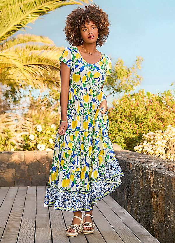 Joe Browns Petite Lemon Print Scoop Neck Crinkle Cotton Dress