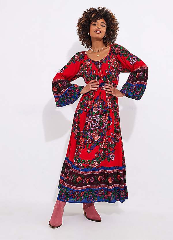 Joe Browns Petite Mock Button Boho Print Shirred Waist Maxi Dress | Freemans Joe Browns Petite Mock Button Boho Print Shirred Waist Maxi Dress | Freemans