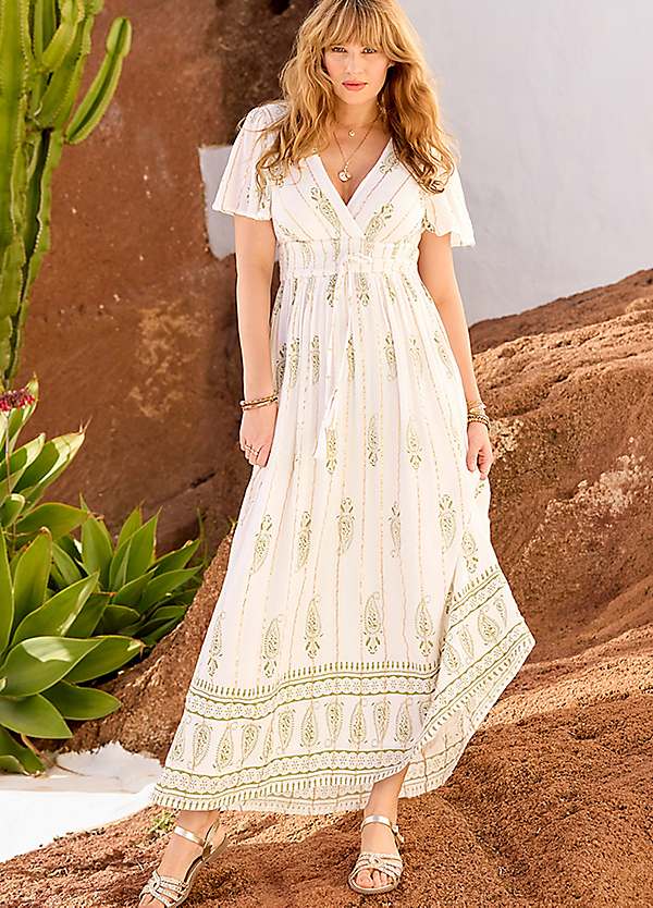 Joe Browns Petite Printed Maxi Dress with Wrap Neckline & Border Detail