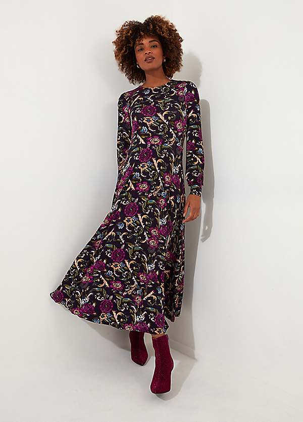 Joe Browns Petite Winter Floral Pleated Skirt Puff Sleeve Midi Jersey Dress Freemans