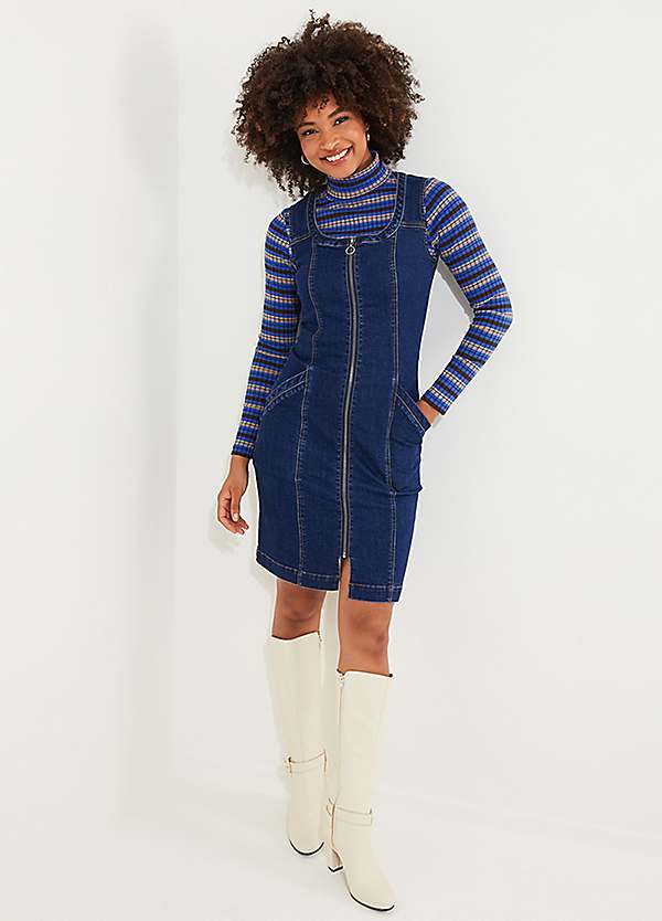 Joe Browns Retro Zip Front Stretch Denim Mini Pinafore Dress