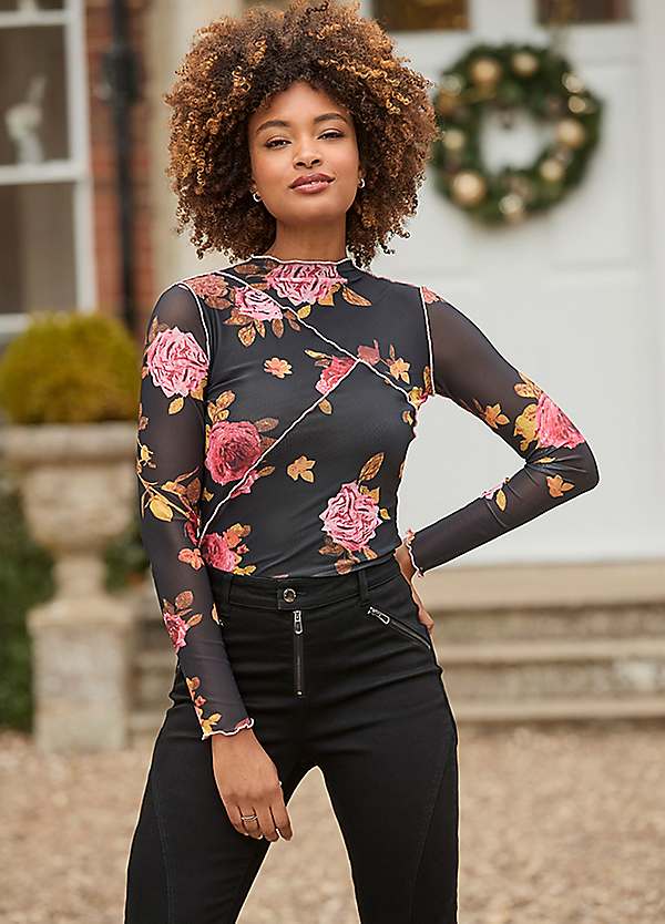 Joe Browns Rose Print Lettuce Frill Mesh Long Sleeve Top