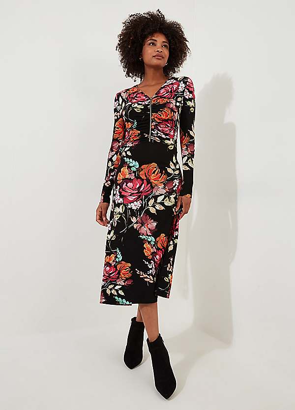 Joe Browns Zip Front Floral Midi Jersey Dress