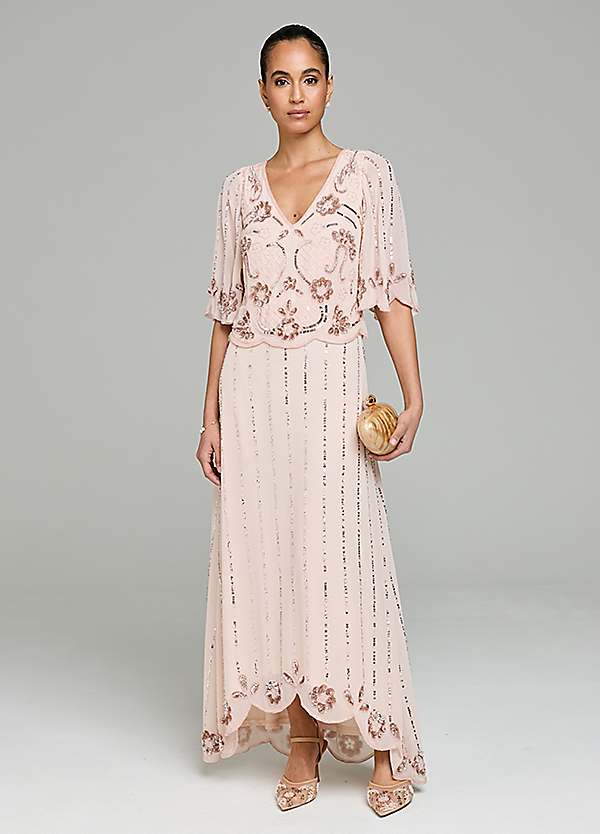Kaleidoscope Blush Beaded Hi Low Maxi Dress