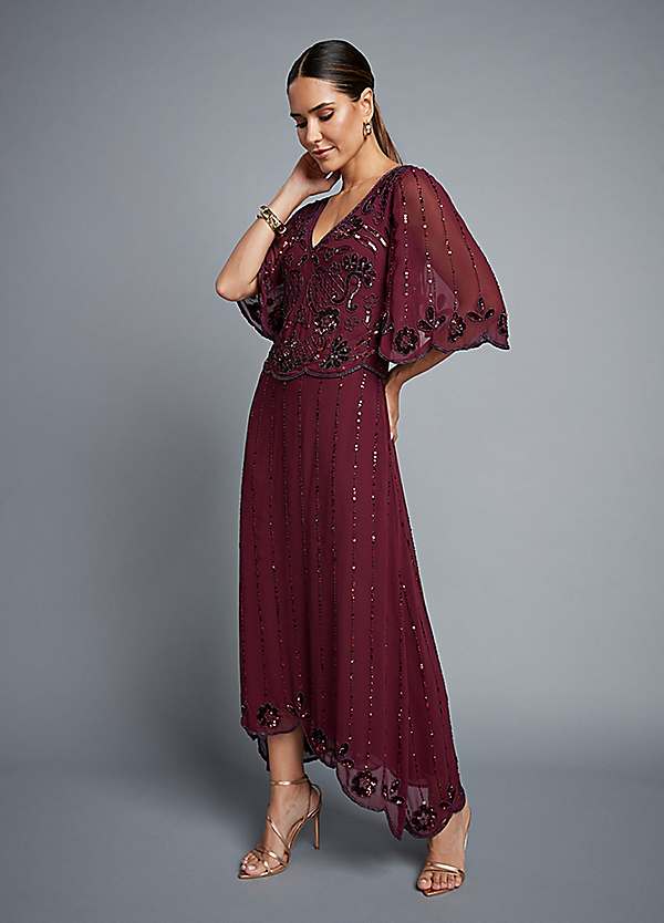 Kaleidoscope Burgundy Beaded Hi Low Hem Maxi Dress Freemans