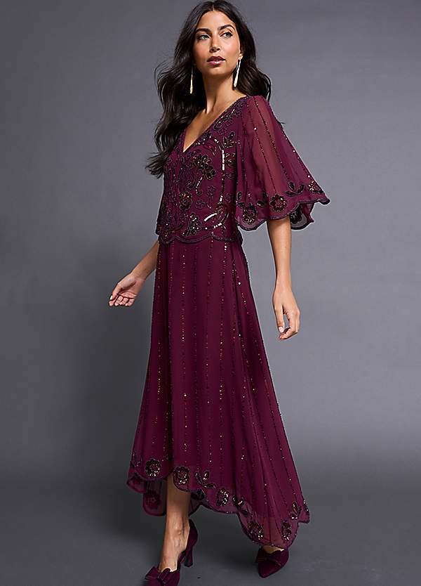 Kaleidoscope Burgundy Beaded Hi Low Maxi Dress