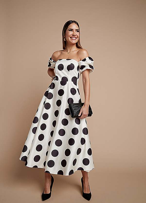 Kaleidoscope Mono Spot Print Bardot Dress | Freemans Kaleidoscope Mono Spot Print Bardot Dress | Freemans