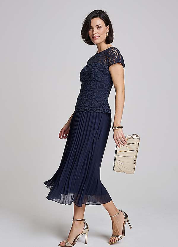 cap sleeve lace pleated midi dress Women's Cap Sleeve Lace Trim Midi Dress