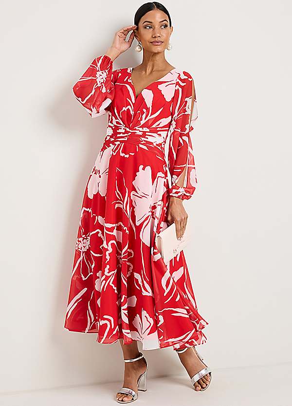 strapless open back dress Retro Stage V Neck Ditsy Floral Printed Short Sleeve Midi A-Line Dress main image 0