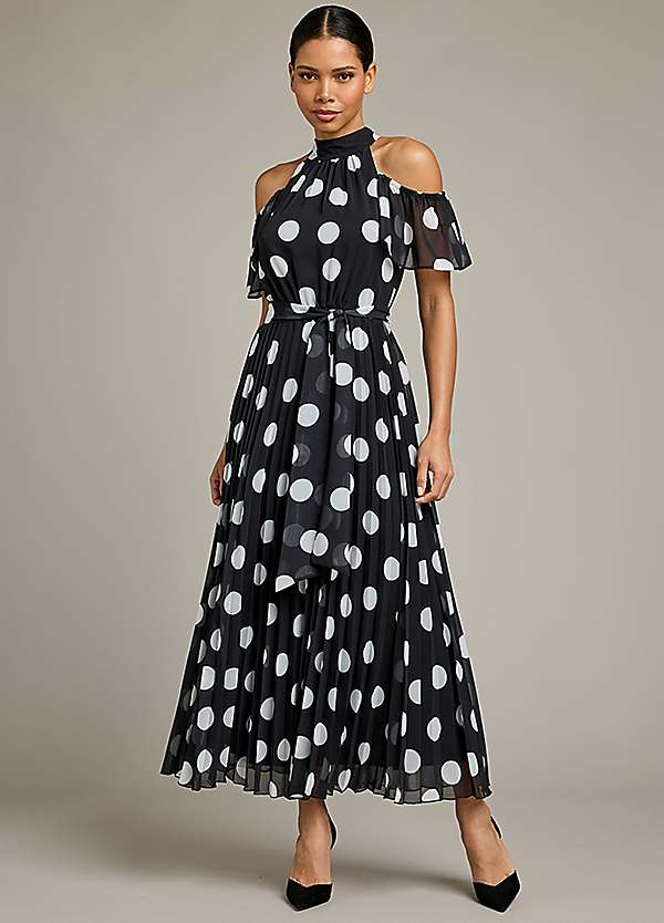 Kaleidoscope Spot Print Pleated Cold Shoulder Maxi Dress | Freemans
