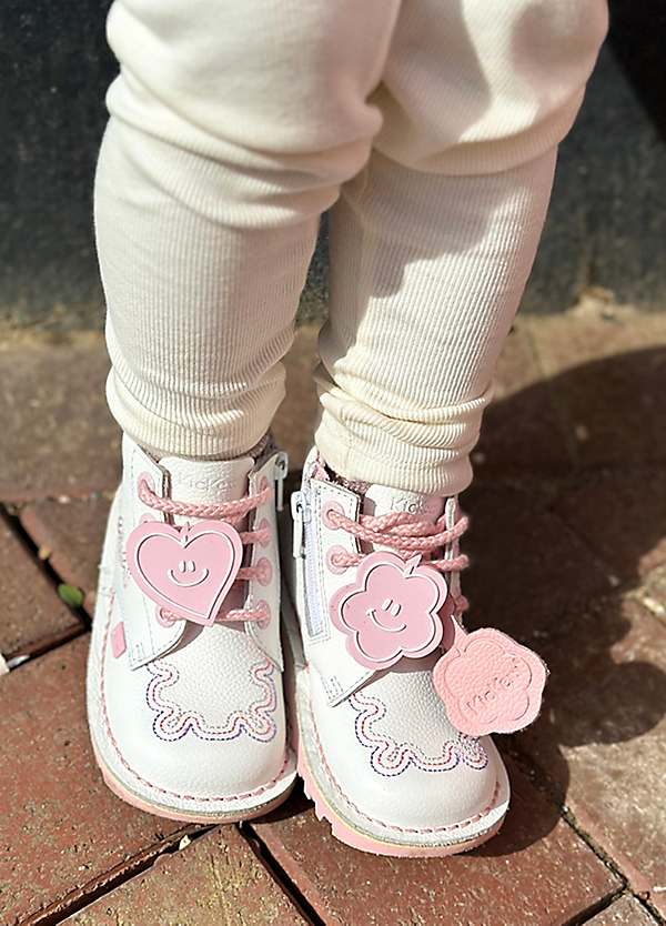 kiki Kickers Kids White Pink Kick Hi Wave Leather Stitch Shoes