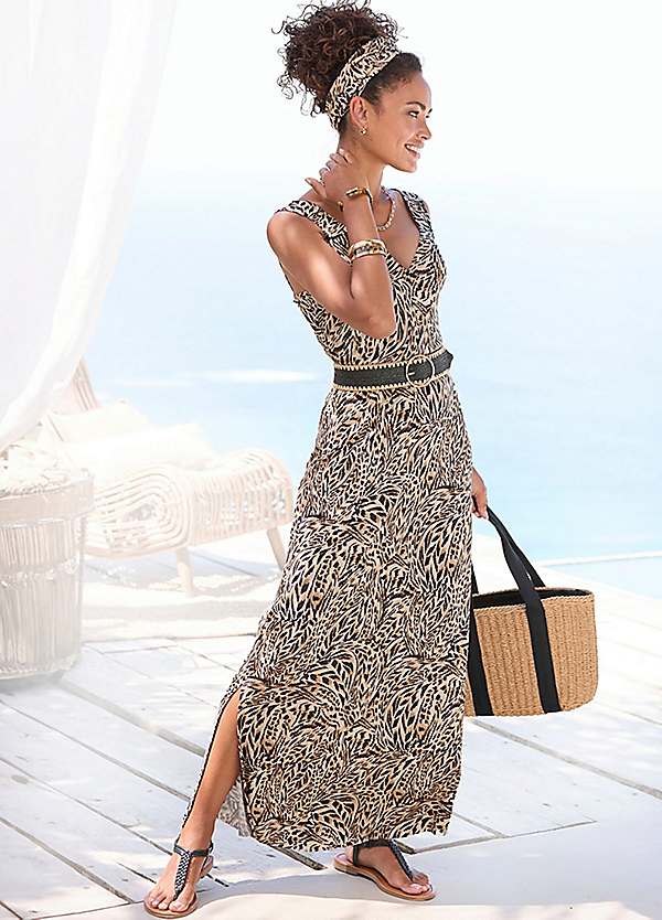 LASCANA V Neck Animal Print Jersey Maxi Dress