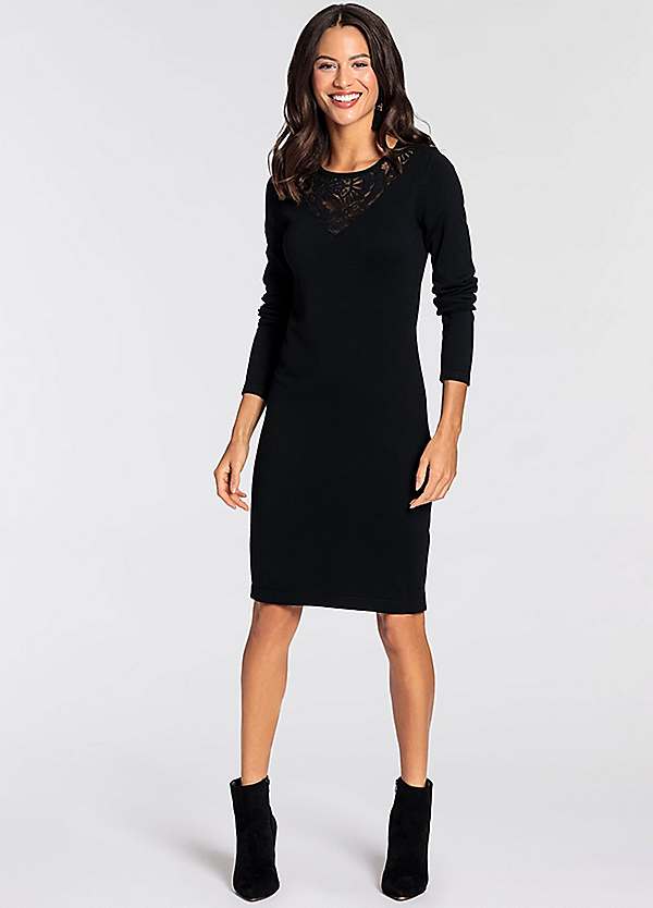 fitted lace wedding dress Black Knit Long Sleeve Collared Midi Dress – AX Paris main image 0