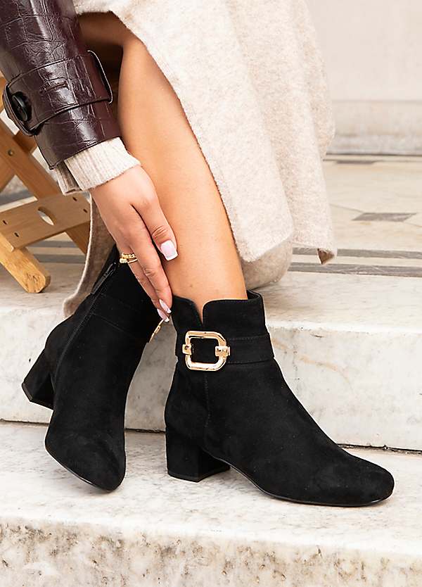 Linzi Daphne Black Faux Suede Block Heel Ankle Boots with Gold Buckle Detail