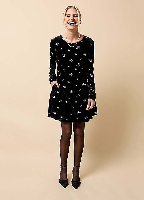 Little Mistress Black Velvet Embroidered Mini Dress | Freemans Little Mistress Black Velvet Embroidered Mini Dress | Freemans