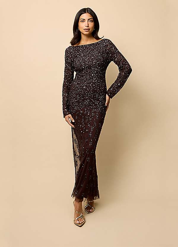 Little Mistress Brown Long Sleeve Open Back Embellished Maxi Dress
