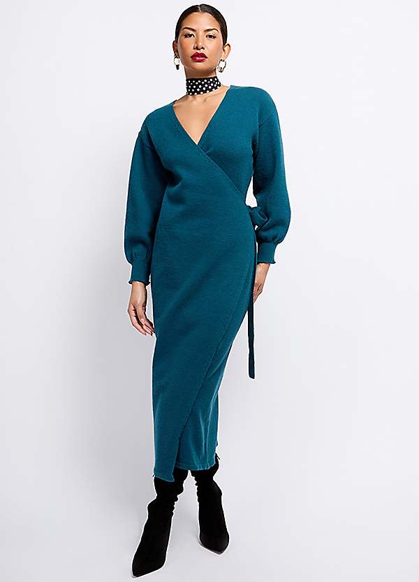 Little Mistress Petrol Knit Midaxi Wrap Dress by Vogue Williams Freemans