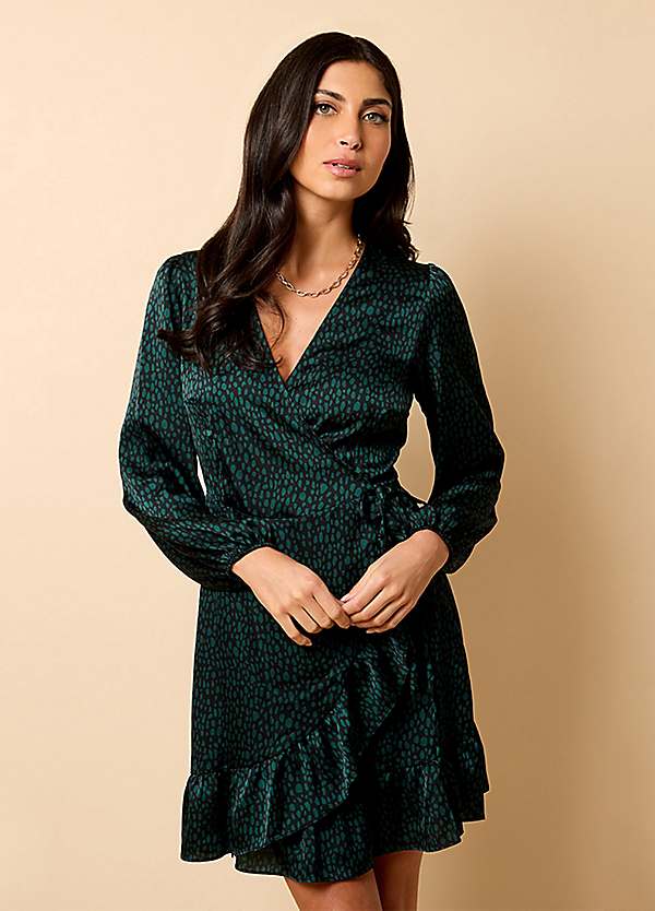 Little Mistress Saffron & Amber Green Animal Print Wrap Mini Dress | Freemans Little Mistress Saffron & Amber Green Animal Print Wrap Mini Dress | Freemans