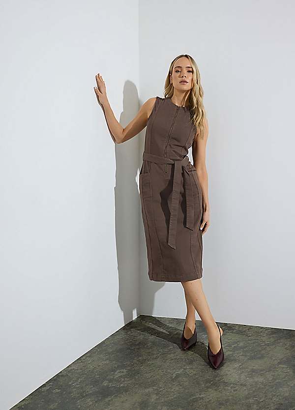 long tall sally denim dress LTS Tall Women's Mid Blue Zip Front Denim Midi Dress