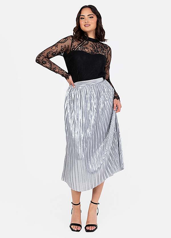 Silver Metallic Pleated Midi Skirt Lovedrobe Silver Metallic