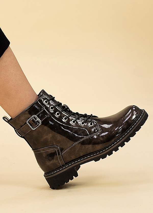 Lunar Parlour Grey Patent Ankle Boots Freemans