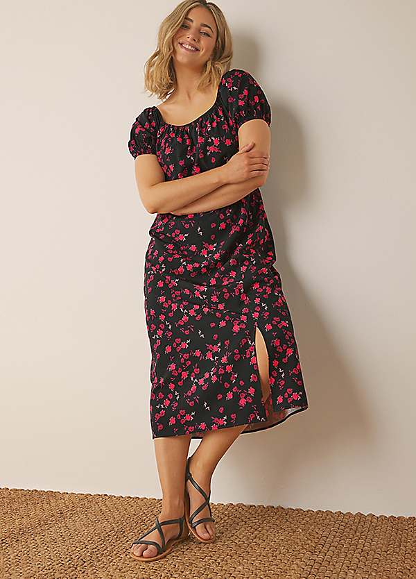 M&Co Rose Print Bardot Split Hem Midi Dress Freemans