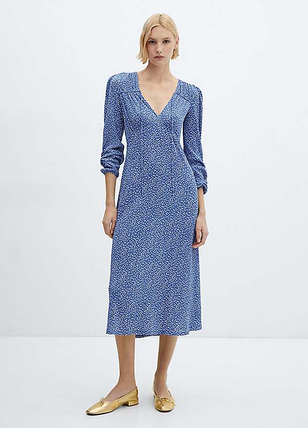 mango blue dress long sleeve MANGO - Boat-neck Ruched Dress Navy