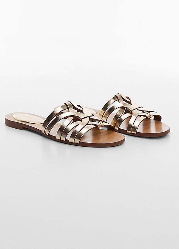 Mango Pisca Gold Leather Strap Flat Sandals Freemans