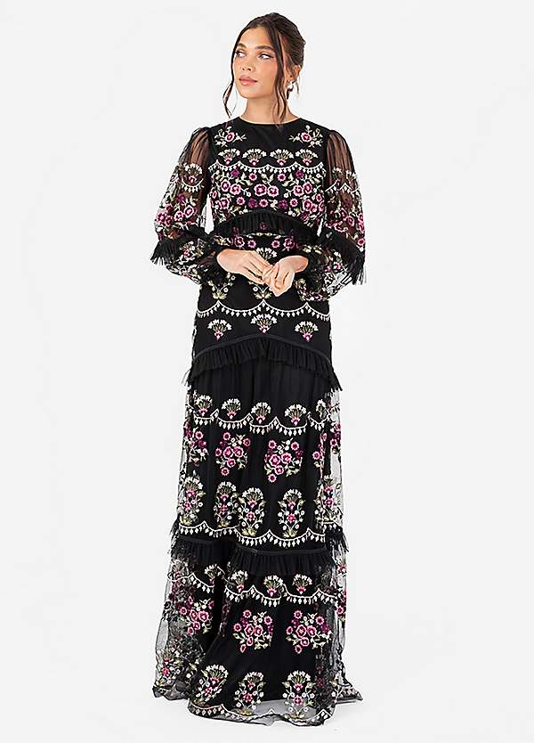 maya embroidered maxi dress Maya Floral Embroidery & Open Back Black Maxi Dress – Maya Deluxe main image 0