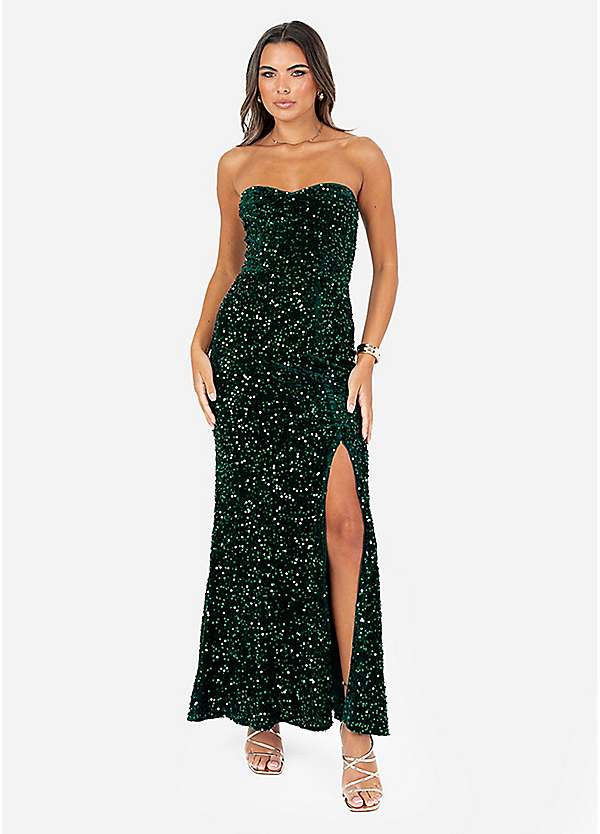 Maya Deluxe Emerald Green Embellished Velvet Bandeau Maxi Dress | Freemans
