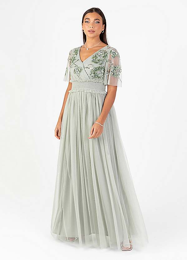 sage green embellished maxi dress Sage Green Glitter Maxi Dress with High Slit and Beaded Floral Detailing Embellished Gown with Sheer Tulle Train Plus Size Size 2 / Sage Green