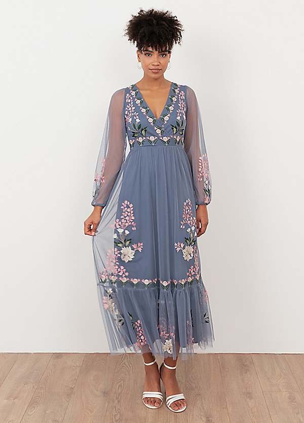 maya deluxe long sleeve dress Maya Black Fully Embroidered Long Sleeve Maxi Dress with Frill Detail  Maya  Deluxe