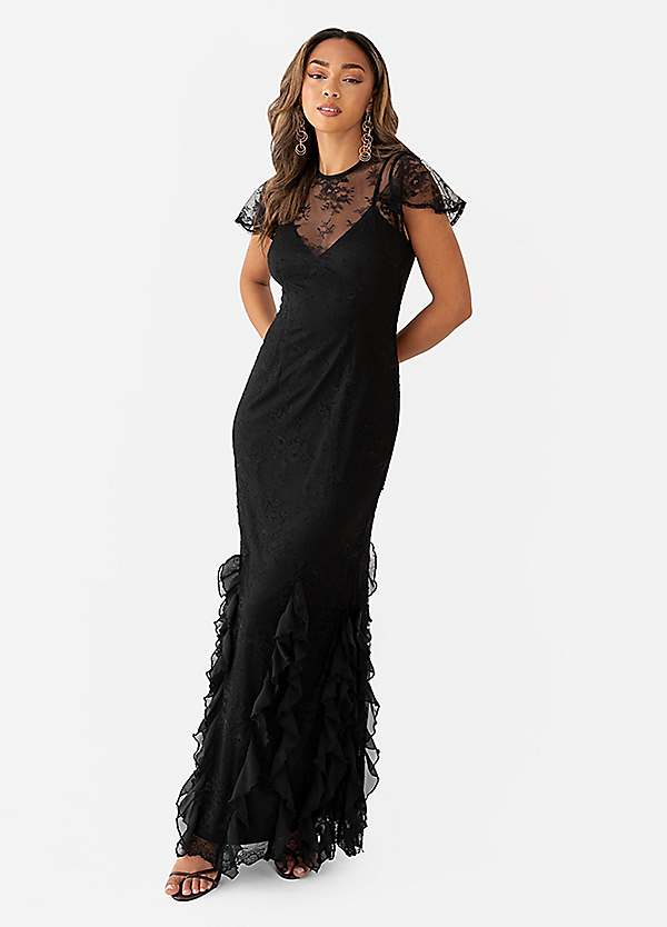 Maya Deluxe Maya Black Flutter Sleeve Lace Maxi Dress with Ruffle Detail |  Freemans