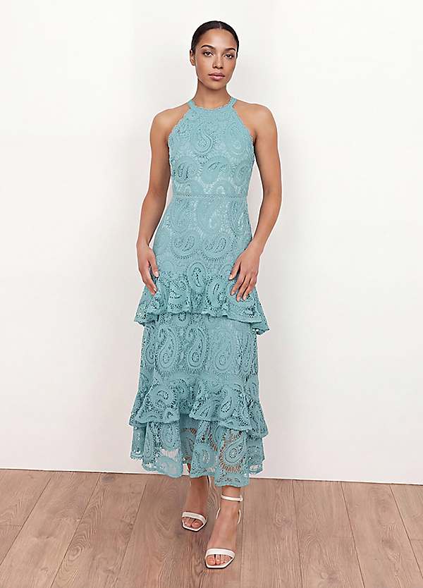 Maya Deluxe Maya Turquoise Paisley Lace Halter Neck Midaxi Dress - Blue