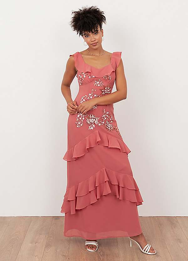maya deluxe pink dress Maya Hot Pink Floral Embellished Tiered Maxi Dress with Tie Back  Maya  Deluxe