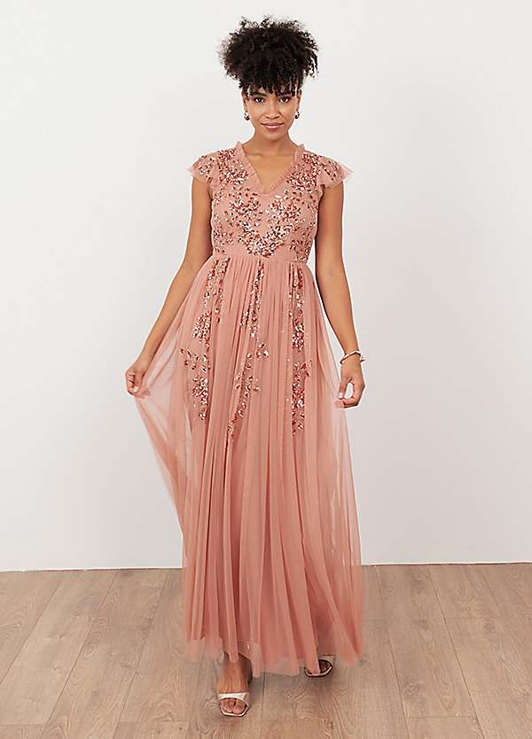 maya deluxe pink dress Maya Pink Fully Embellished Maxi Dress with Frill Detail Maya Deluxe