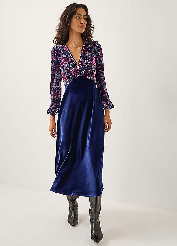 Milena Floral Devor Velvet Midi Dress by Monsoon | Freemans