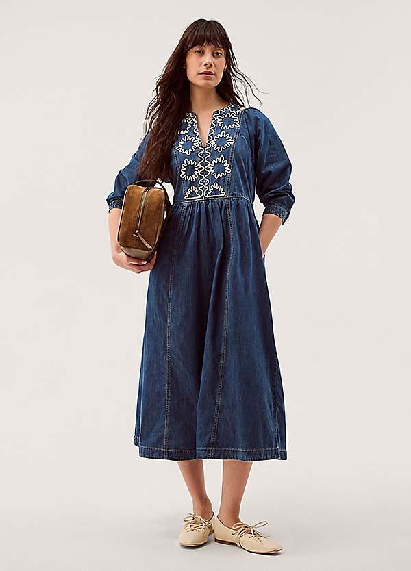 monsoon blue embroidered dress Womens Monsoon Blue Madison Sleeveless Embroidered Cotton Midi Dress XL (US 16-18)