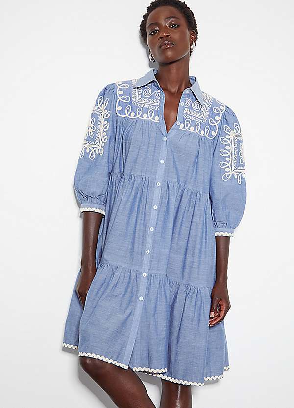 Monsoon Damia Embroidered Chambray Mini Shirt Dress