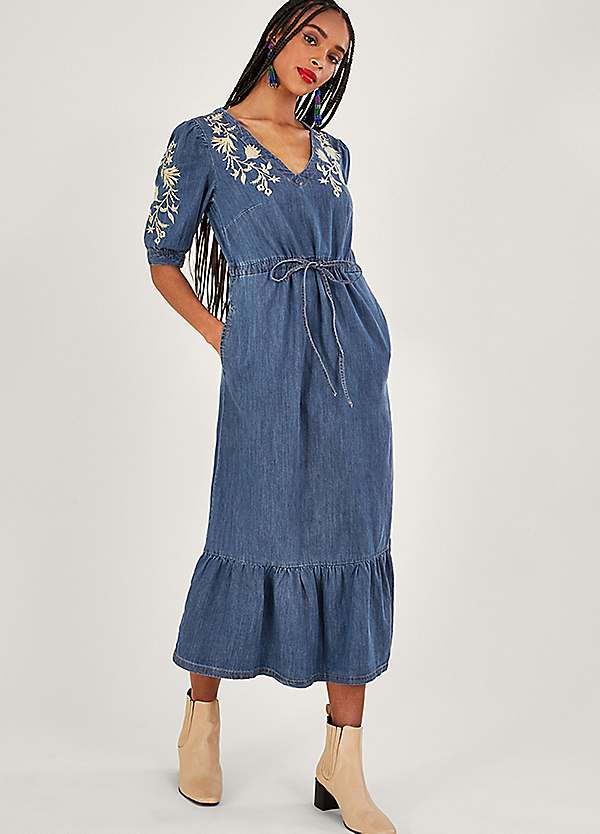 Monsoon Embroidered Denim Midi V Neck Dress