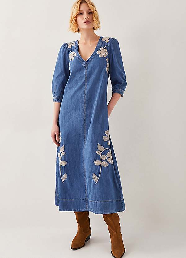 Monsoon Fallon Floral Embroidered Denim Midi Dress | Freemans