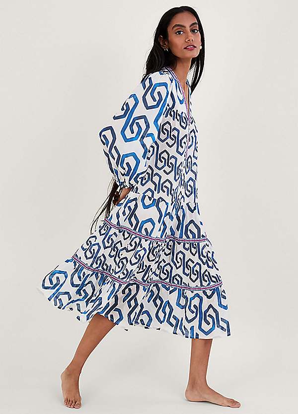 Monsoon Geometric Print Kaftan Dress in Sustainable Cotton