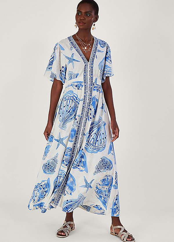 Monsoon Shell Print Maxi Kaftan Dress in Linen Blend