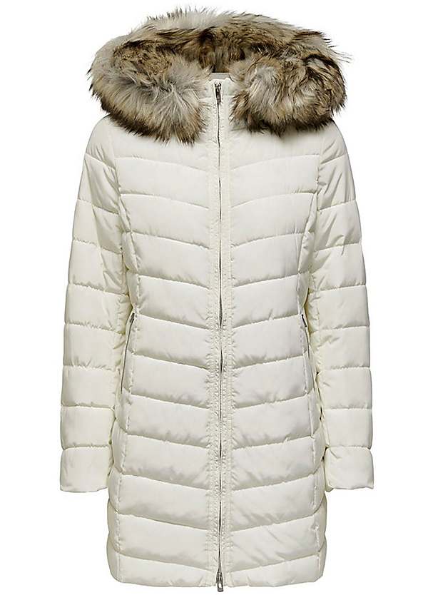 Sosandar Khaki Faux Fur Trim Luxe Longline Padded Coat