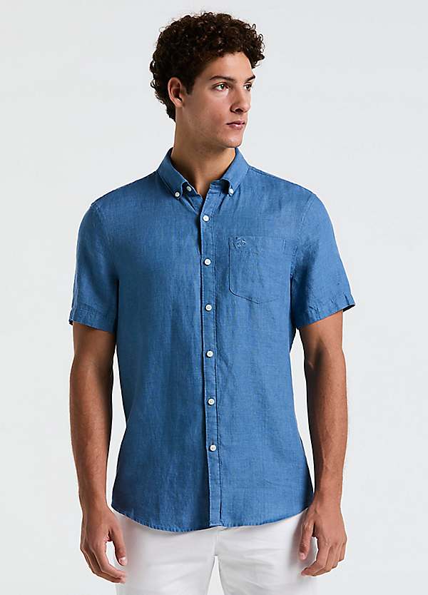 Original Penguin Delave Linen Short Sleeve Button-Down Shirt In Copen Blue  | Freemans