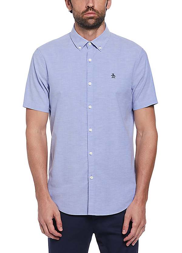 Original Penguin Oxford Short Sleeve Stretch Shirt In Amparo Blue