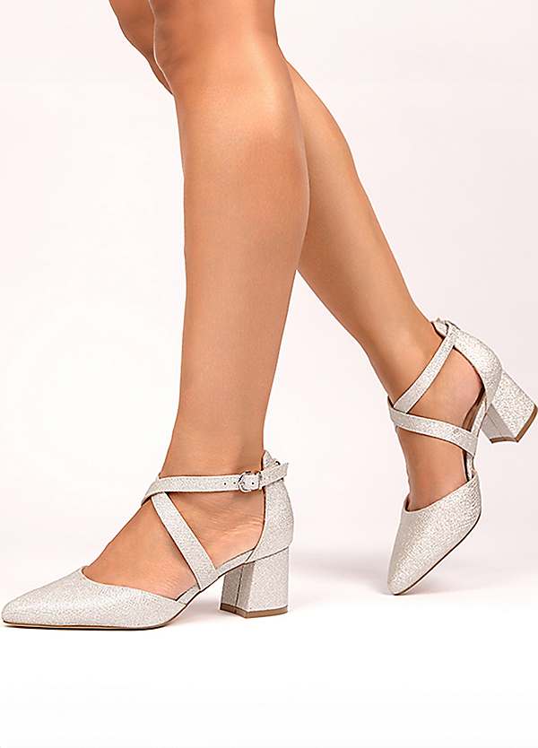 Paradox London Farrah Silver Shimmer Mid Block Heel Cross Strap